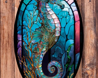 Faux Stained Glass Seahorse_Oval Wreath Sign