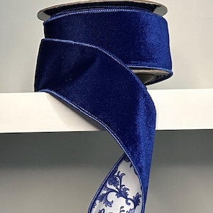d. stevens 2.5&quot; Cobalt Blue Velvet with Blue & White Floral Chinoiserie Dupioni Back - 10 yarda