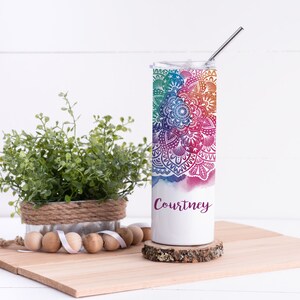 Colorful Mandala Personalized Stainless Steel 20 oz Water Tumbler with Stainless Straw