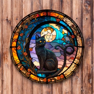 Faux Stained Glass Halloween Cat Wreath Sign