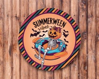 Summerween Pumpkin Skeleton Wreath Sign