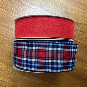 Red White Blues Plaid and Red solid wired Ribbon