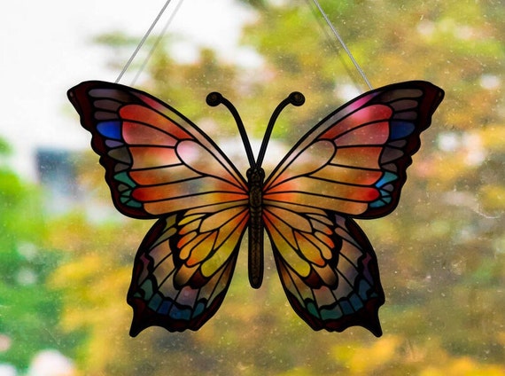 H & D-Attrape-soleil papillon en verre teinté avec boule de