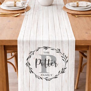 May include: A white wooden table runner with a family name design. The runner features a gray letter "P" and the name "Potter" inside a black wreath. The table is set with white plates, gold utensils, and wine glasses.
