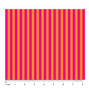 May include: A vibrant fabric with vertical stripes in alternating shades of hot pink and orange. The stripes are evenly spaced and run the length of the material. The image includes an inch ruler along the bottom edge.