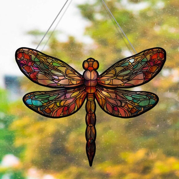 Faux Stained Glass Dragonfly Shaped Acrylic Suncatcher