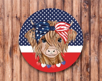 Patriotic Highland Cow Wreath Sign