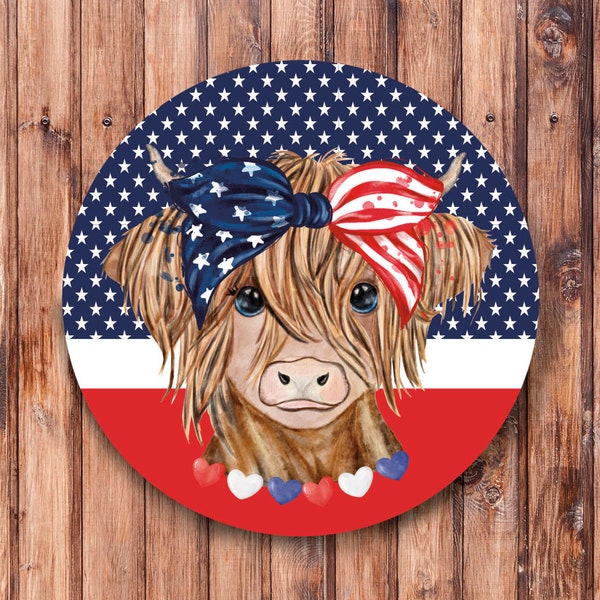 Patriotic Highland Cow Wreath Sign
