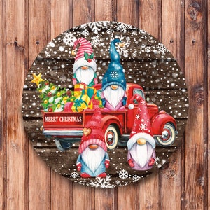 Red Truck Merry Christmas Gnomes Wreath Sign