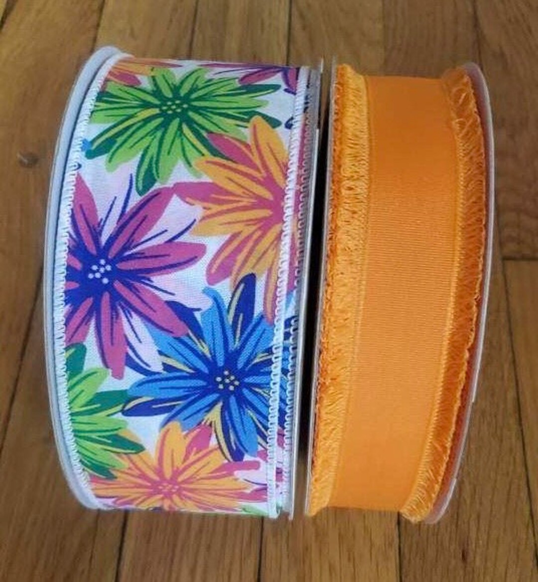 Floral and Bright Orange Wired Ribbon - Etsy