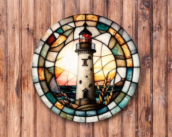 Faux Stained Glass Lighthouse Wreath Sign