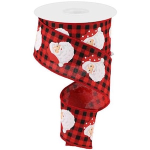 May include: A roll of Christmas ribbon featuring a red and black buffalo plaid pattern. The ribbon is adorned with images of Santa Claus. The ribbon is perfect for holiday gift wrapping and crafting.