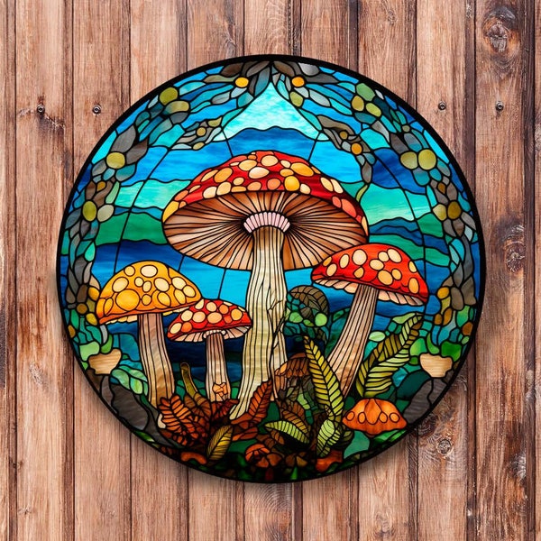 Faux Stained Glass Mushrooms Wreath Sign