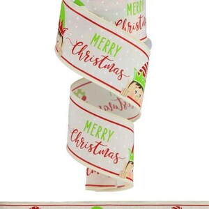 Könnte beinhalten: Weißes Band mit roten und grünen Punkten und dem Text "Merry Christmas", der sich wiederholt. Das Band zeigt einen Cartoon-Elf, der hinter dem Text hervorlugt.