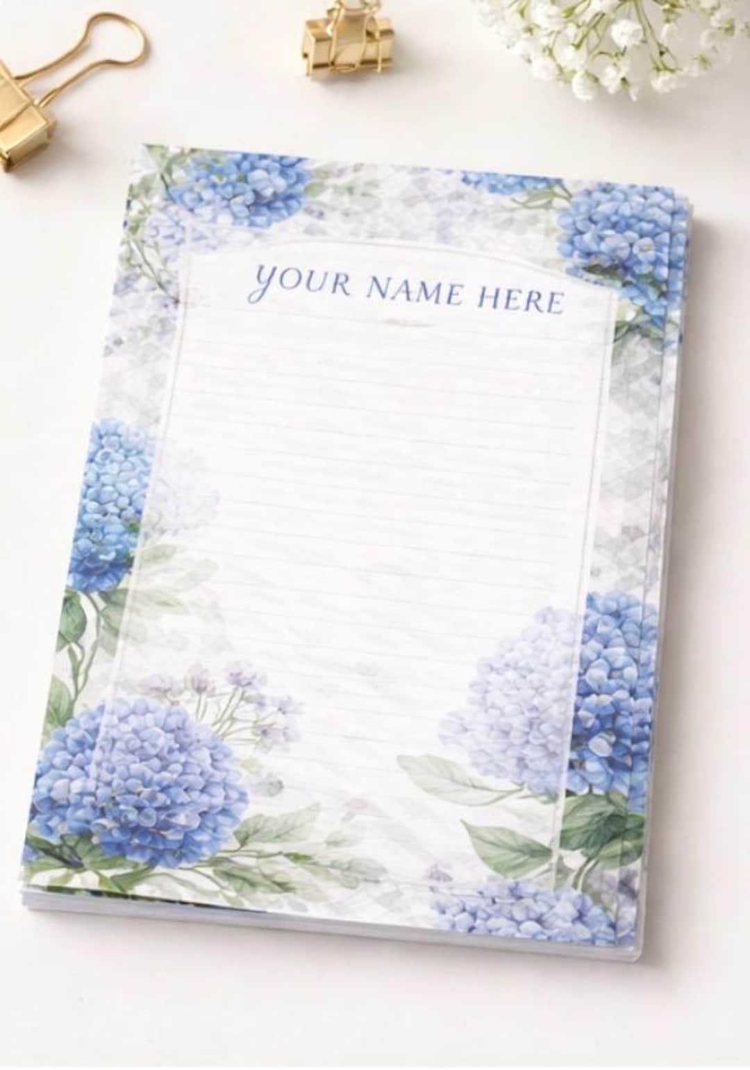 Personalized Hydrangea Notepad | Custom Name Writing Pad | Blue Floral ...