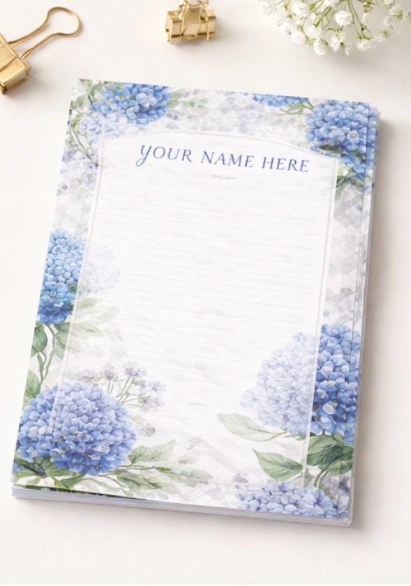 Personalized Hydrangea Notepad | Custom Name Writing Pad | Blue Floral ...