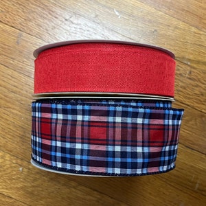 Red White Blue plaid and solid red wired Ribbon
