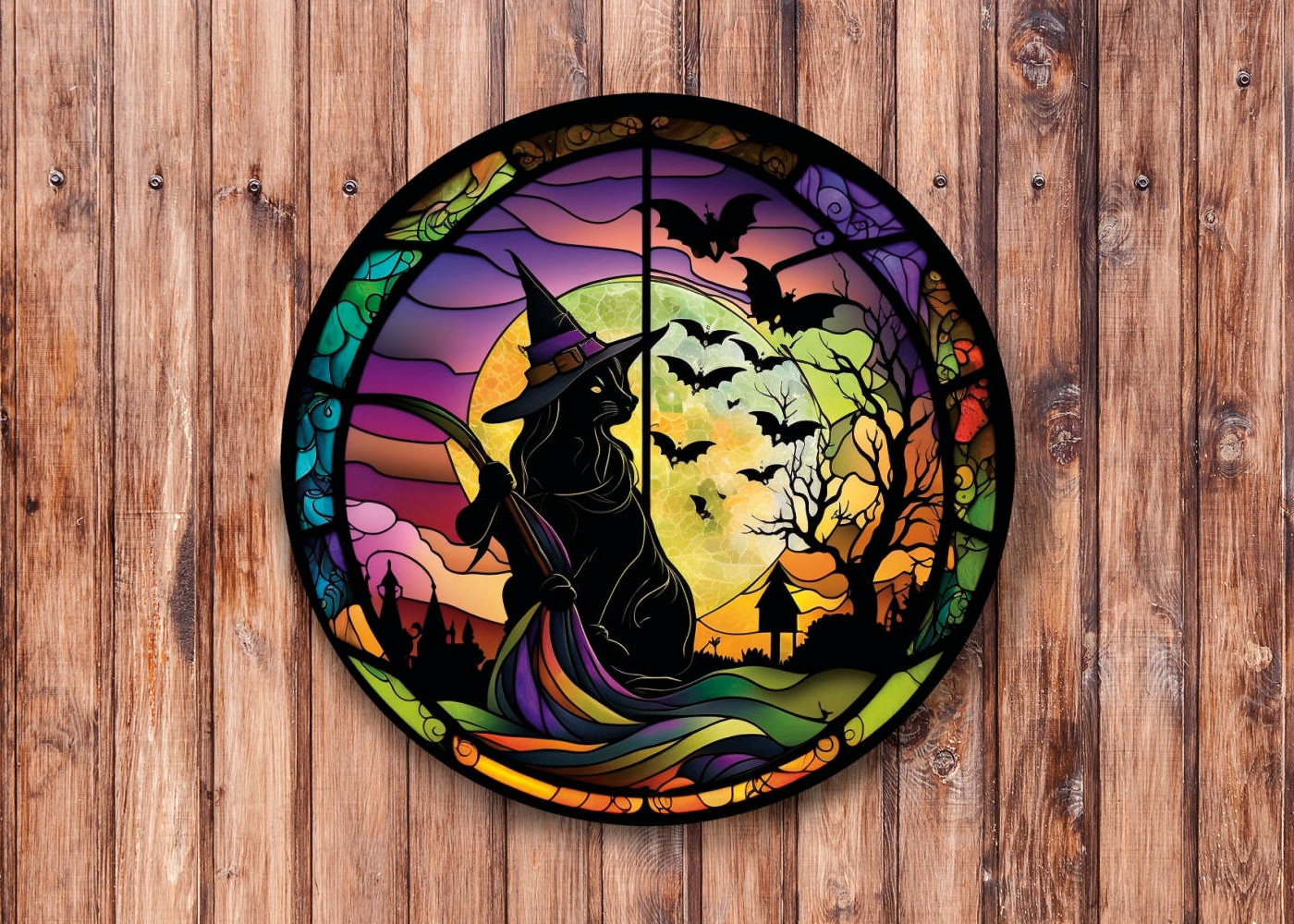 Faux Stained Glass Black Cat With Witch Hat Wreath Sign - Etsy