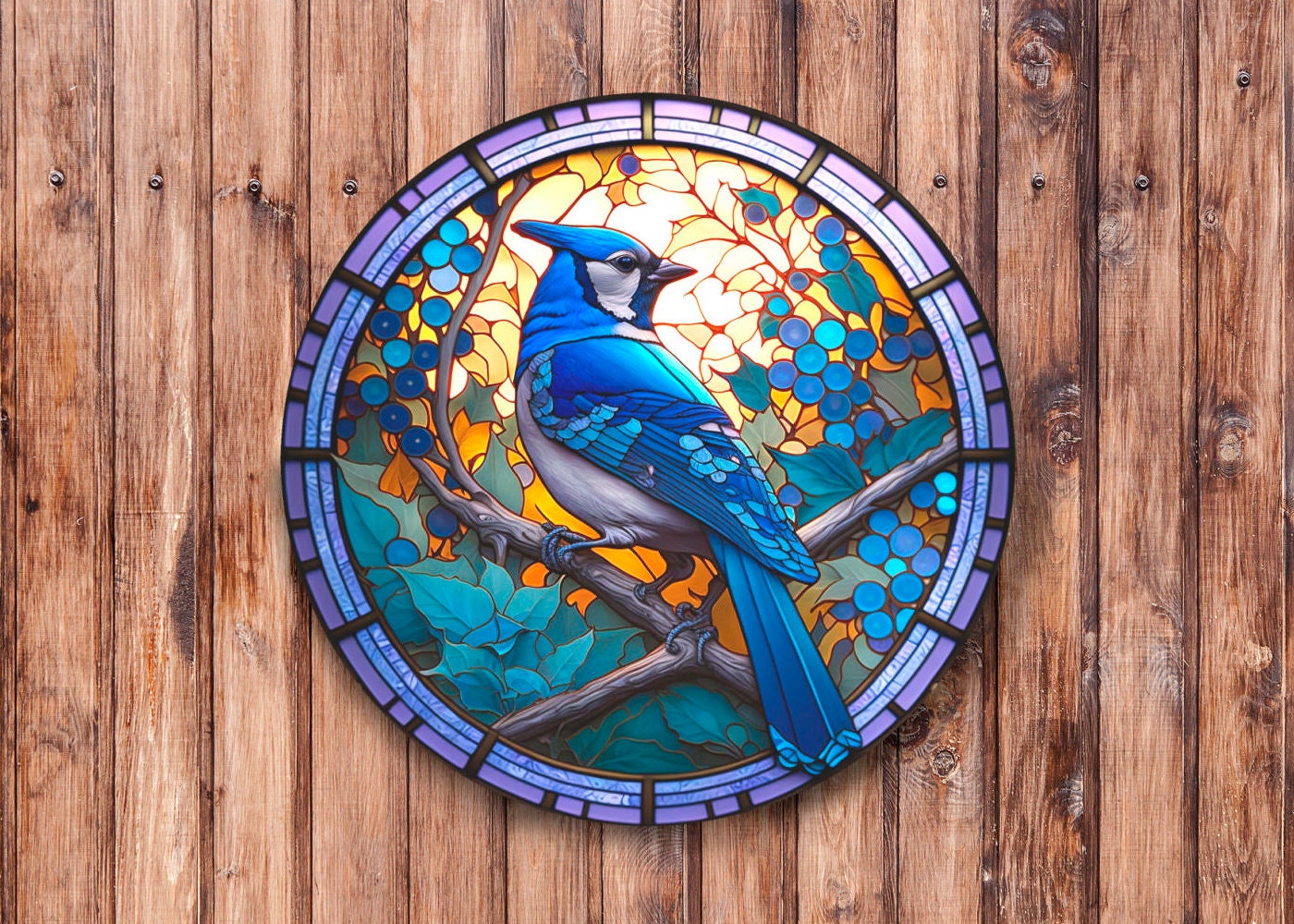 Blue Jay Holiday Wreath Stain Glass