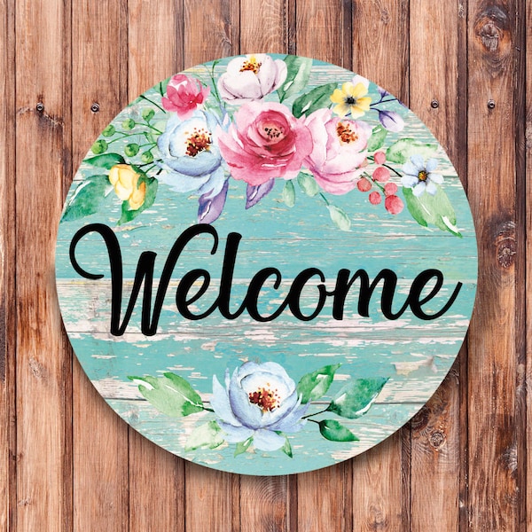 Welcome Teal Wood and Floral Wreath Sign