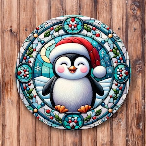 Faux Stained Glass Baby Penguin Wreath Sign