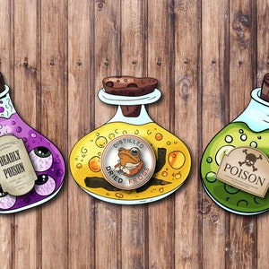 May include: Three cartoon potion bottles with cork stoppers and labels. The purple bottle has a label that says "Deadly Poison" and has eyeballs on the bottle. The yellow bottle has a label that says "Distilled Dried Frogs". The green bottle has a label that says "Poison" and has a skull and crossbones on the label.