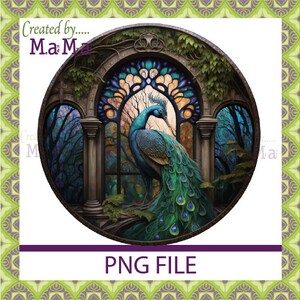 May include: A peacock with vibrant blue, green, and gold feathers stands in a stained glass window with a forest scene behind it. The window is framed by stone arches and columns. The image is circular and has a green and purple border.