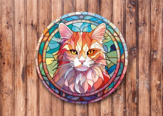 猫とヒナギクの花 ヴィンテージステンドグラス ランドルフ スーザン・パワーズ ステンドグラスの黒猫と花のサンキャッチャー、トラ猫のステンドグラス