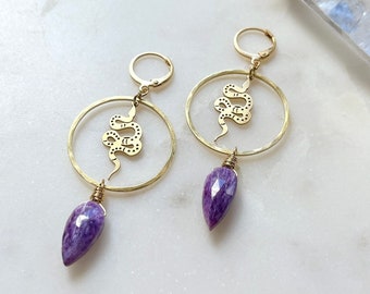 Charoite and Hammered Brass Snake Charm Earrings