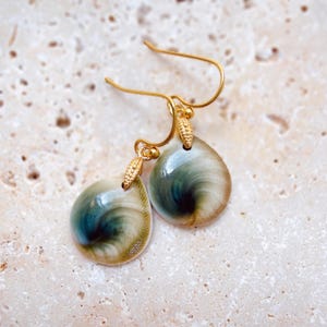 May include: A pair of drop earrings featuring polished, teardrop-shaped shells with swirling gradients of cream, olive green, and deep teal. Each shell is suspended from a gold-toned metal hook with a small, textured leaf-shaped connector.