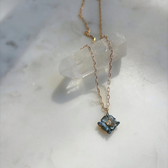 Labradorite and Cubic Zirconia Carved Flower Pendant Necklace with 18k Gold Filled Chain