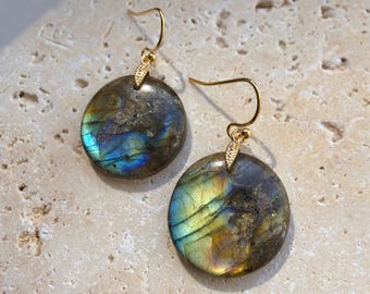 Labradorite Coin Gemstone and Gold Drop Earrings