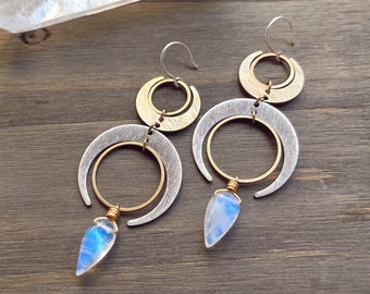 Rainbow moonstone and mixed metal crescent moon earrings, moonstone jewelry, moonstone earrings, sterling silver ear wires