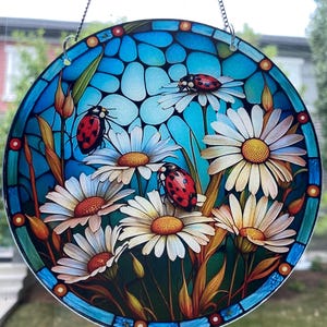 Coccinelles sur marguerite, décoration de fenêtre acrylique suspendue, disque, décoration, attrape-soleil.
