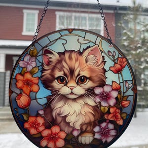 Chat chaton gris moelleux floral fenêtre, mur, maison, décoration, attrape-soleil