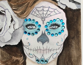 Dia de los Muertos - Day of the Dead Original Embellished Watercolor Painting - Framed - Sugar Skull Portrait Make-Up