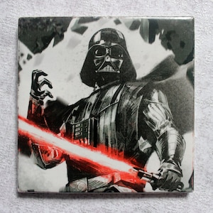 Darth Vader with Light Saber Handmade Ceramic Coaster - One of a Kind - Comic / Movie Memorabilia - Repurposed Coaster - Home Decor