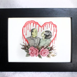 Undead - The Monster and his Bride - Original Watercolor Painting - Framed - Frankenstein and his Bride