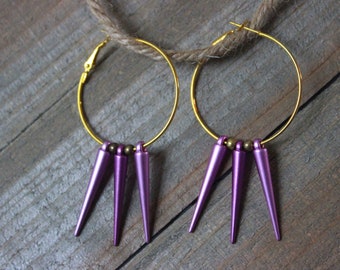 Gold Hoop Earrings with Purple Spikes