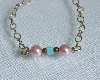 Gold, Pink Pearl, and Aqua Adjustable Bracelet