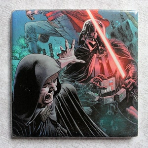 Darth Vader Fighting Darth Sidious Handmade Ceramic Coaster - One of a Kind - Comic / Movie Memorabilia - Repurposed Coaster - Home Decor