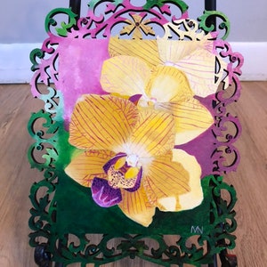 Yellow and Magenta Phalaenopsis Orchid Acrylic Painting on Lasercut Wood Adorned with Swarovski Crystals