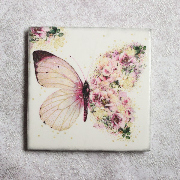 Pink  and Floral Butterfly Handmade Ceramic Coasters - With Glitter - Repurposed Coaster - Home Decor - Hot and Cold Use