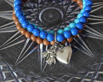 Three Stranded Beaded Penguin and Heart Charm Bracelet - Blue and Brown - Together Forever