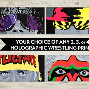 Set of 2, 3, or 4 holographic wrestling prints of original paintings - WWF Wrestlers - Classic Wrestlers - 2 Sizes