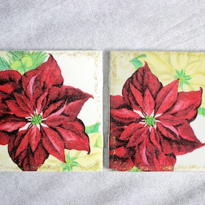 Christmas Poinsettias Handmade Ceramic Coasters Holiday Decor Christmas Decor Repurposed Coaster Home Decor Hot and Cold Use image 1