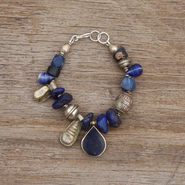 Trade bead bracelet with Afghan lapis and Ethiopian amulets