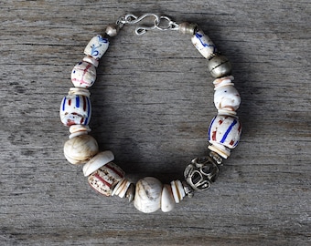Pulsera de cuentas de comercio a rayas del siglo XVIII, plata yemení antigua