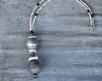 Collar afgano de cuentas de plata para el cabello con huso de Mali
