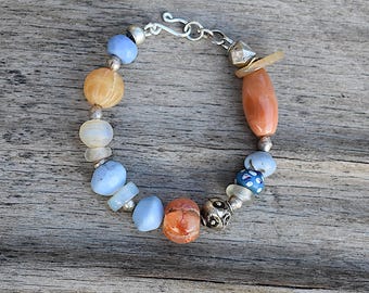 Pulsera de cuentas de vaselina azul poco comunes: cornalina antigua y ágata Idar Oberstein.